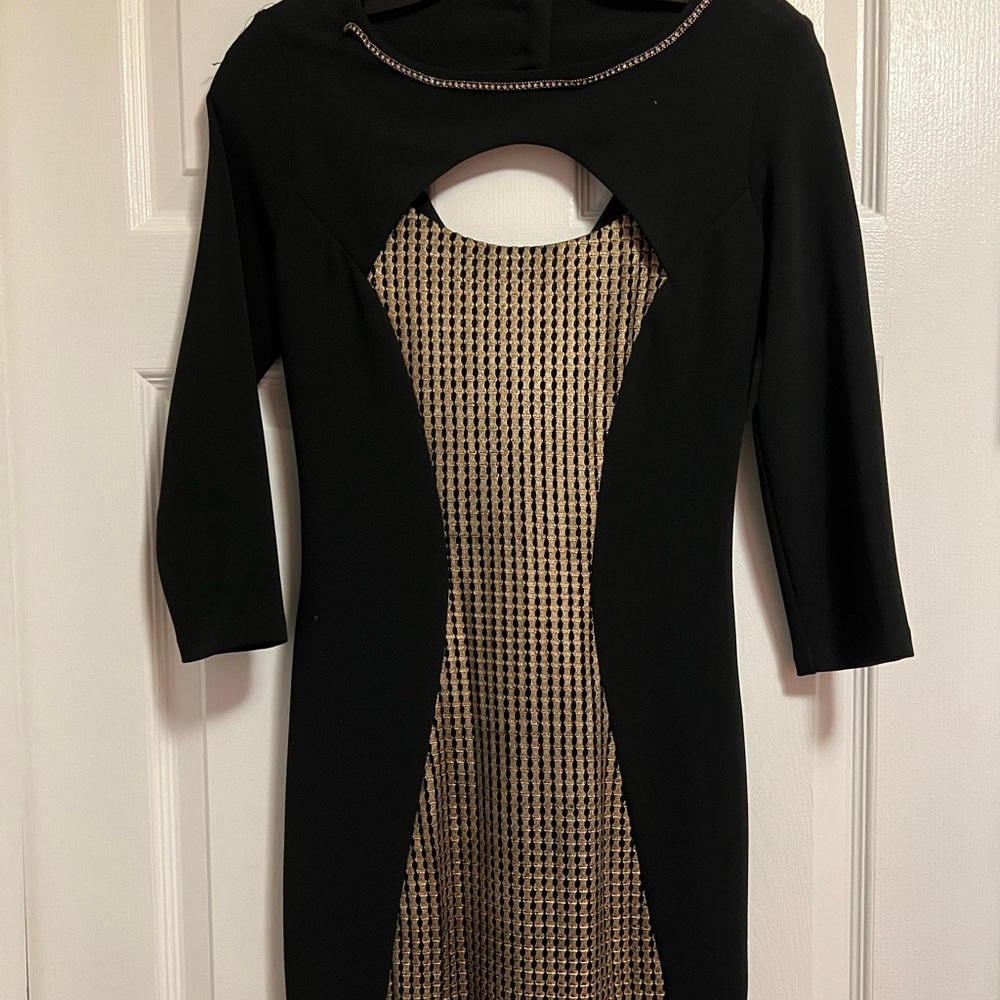 Knee Length Black Dress With Gold Detail